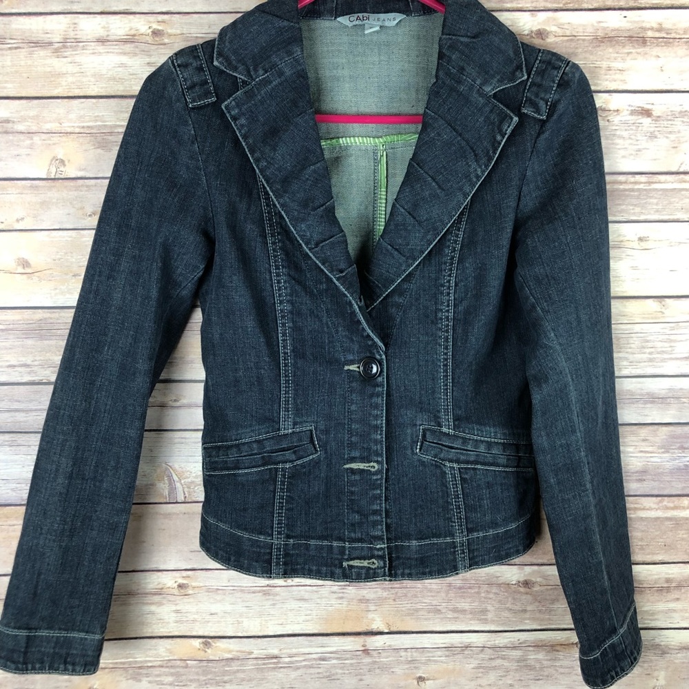 CabI jeans jean jacket ruffle collar size XS